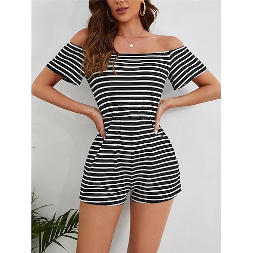 

Damen Kurz Jumpsuit Rückenfrei Bedruckt Gestreift Schulterfrei Strassenmode Brautkleider schlicht Strasse Täglich Regular Fit Kurzarm Schwarz S M L XL Sommer