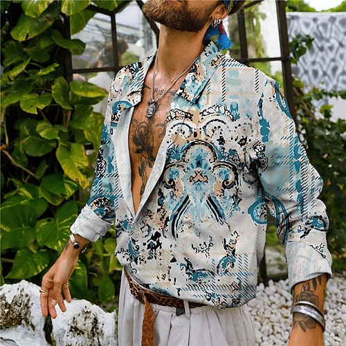 

Hombre Camisa Floral Tribal Estampados Cosecha Cuello Vuelto Rojo Azul Piscina Exterior Calle Manga Larga Abotonar Estampado Ropa Vintage Tropical Moda Design