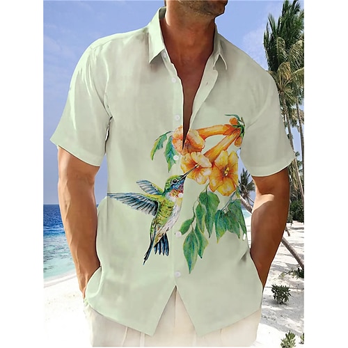 

Hombre Camisa camisa hawaiana Floral Pájaro Estampados Cuello Vuelto Beige Exterior Calle Mangas cortas Abotonar Estampado Ropa Lino Deportes Moda Ropa de calle Design