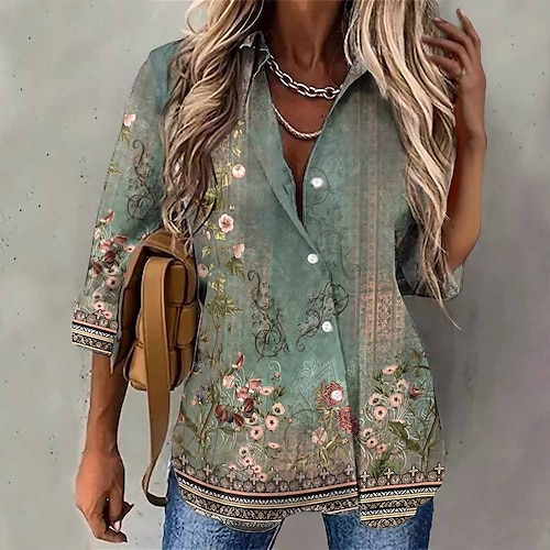 

Mulheres Camisa Social Blusa Verde Floral Botão Imprimir Manga Longa Casual Feriado Básico Colarinho de Camisa Padrão Tema Flores S