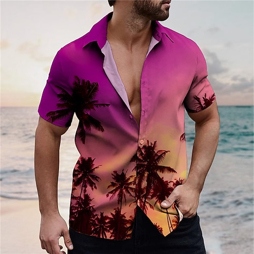 

Homme Chemise Chemise hawaïenne Cocotier Imprimés Photos Col rabattu Fuchsia Vert Plein Air Casual Manches courtes Bouton bas Imprimer Vêtement Tenue Tropique Mode Vêtement de rue Hawaïen