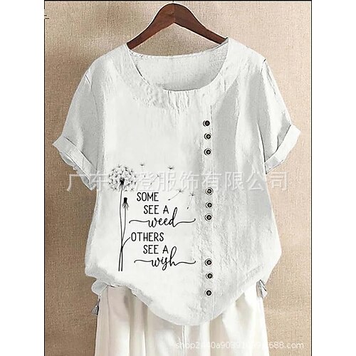

Damen Hemd Bluse Weiß Gelb Rote Blumen Taste Bedruckt Kurzarm Casual Basic Rundhalsausschnitt Standard Blume S