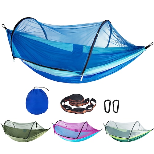 

Hamac de camping avec moustiquaire escamotable Hamac de Camping Extérieur Respirable Respirabilité Vestimentaire réglable flexible Séchage rapide Nylon avec mousquetons et sangles pour 2 personne