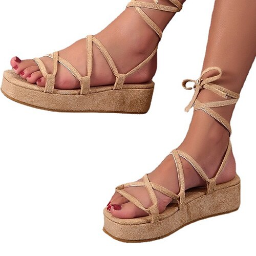 

Dame Sandaler Lace Up Sandaler Strappy Sandaler Platformsandaler Store størrelser Daglig Strand Snøring Plattform Flat hæl Åpen Tå Elegant Fuskelær Svart Oransje Kakifarget