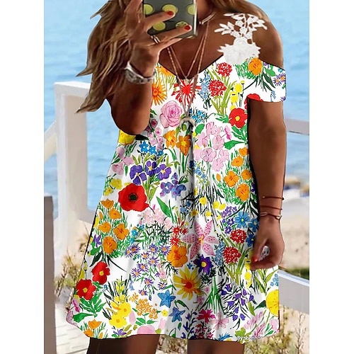 

Per donna Plus Size Abito casual Abito di pizzo A foglia Floreale Vestito longuette Manica corta Pizzo Collage Con bretelline Di tendenza Esterno Giallo Blu Estate Primavera L XL XXL 3XL 4XL