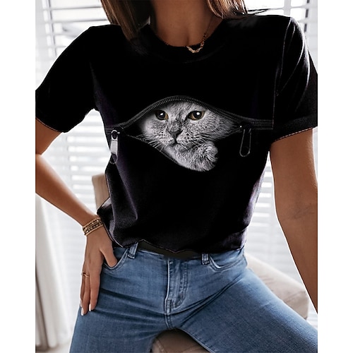 

Mulheres Camiseta Preto Branco Gato 3D Imprimir Manga Curta Diário Final de semana Básico Decote Redondo Padrão Gato 3D Pintura S