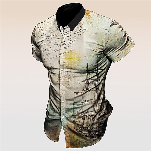 

Homens Camisa Social Mapa Estampas Abstratas Vintage Aberto para a Lateral Amarelo Cinzento Ao ar livre Rua Manga Curta Imprimir Roupa Moda Roupa de rua Designer Macia