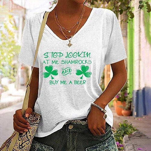 

Mulheres Camiseta Preto Branco Marfim Folha Coração Imprimir Manga Curta Feriado Final de semana Decote V Padrão Tema Flores Pintura S