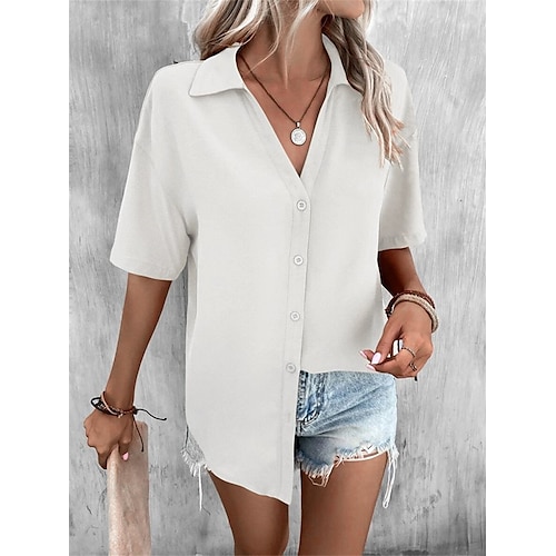 

Women's Shirt Blouse Black White Red Plain Button Short Sleeve Casual Basic Shirt Collar Regular S