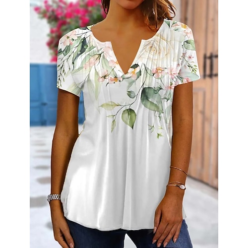 

Women's T shirt Tee White Floral Print Short Sleeve Holiday Weekend Basic Round Neck Regular Floral S