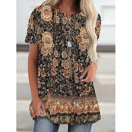 

Women's T shirt Tee Black Floral Print Short Sleeve Holiday Weekend Tunic Basic Round Neck Long Floral Painting S