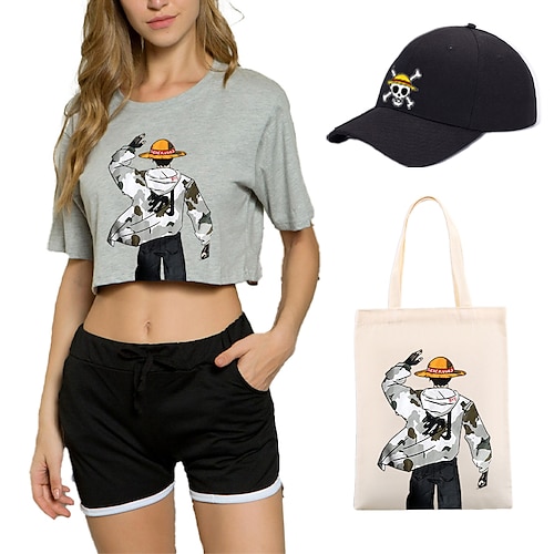 

Conjunto de 4 piezas de pantalones cortos con estampado de luffy, top corto, gorras de béisbol, bolsos de lona, camiseta de una pieza, pantalones cortos, conjuntos de conjunto para trajes de mujer y