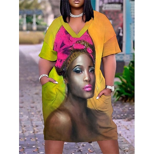 

Dame Store størrelser Uformell kjole T skjortekjole Skiftkjole Grafisk Midikjole Kortermet Lomme Trykt mønster V-hals Mote utendørs Gul Rød Sommer Vår L XL XXL 3XL 4XL