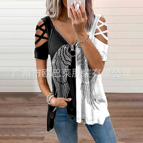 

Mujer Camisa Blusa Negro Blanco Vino Graphic Floral Cortado Cremallera de un cuarto Manga Corta Casual Festivos Básico Escote en Pico Largo Flor S