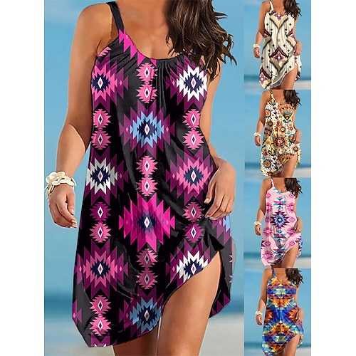 

Per donna Abito da spiaggia Abbigliamento da spiaggia Mini abito Stampa Etnico Informale Fantasia geometrica Con bretelline Senza maniche Morbido Esterno Giornaliero Giallo Chiaro Giallo 2023 Estate