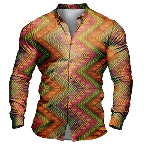 

Men's Shirt Tribal Graphic Prints Vintage Geometry Turndown Yellow Outdoor Street Long Sleeve Button-Down Print Clothing Apparel Fashion Streetwear Designer Soft