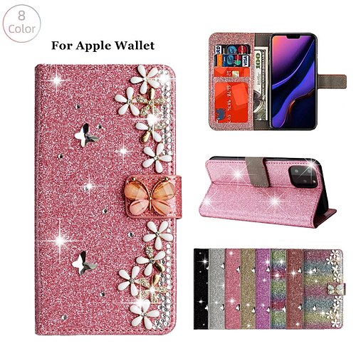 

telefon Etui Til Apple Lommebok-kortveske iPhone 14 13 12 11 Plus Pro Max Flipp Lommebok Rhinstein Krystall diamant TPU PC PU lær