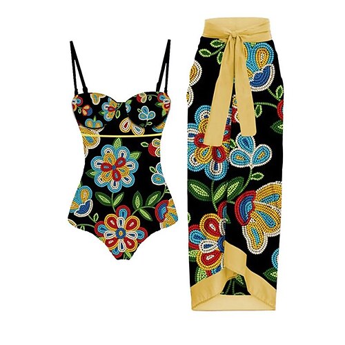 

2 pcs Badetøy Bikini Badedrakter Retro / vintage 1980erne Blomstret polyester Svart Skjørte Badedrakt i ett stykke