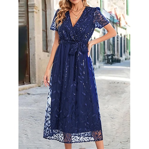 

Per donna Abito da ospite di nozze Vestito da festa Abito con paillettes Vestito longuette Bianco Champagne Rosso Manica corta Colore puro Lacci Estate Primavera A V Di tendenza Invitati del