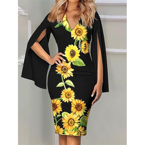 

Dame Festkjole Cocktail Kjole Tubekjole Midikjole Gul Blå Langermet Blomstret Trykt mønster Sommer Vår Høst V-hals Mote Bursdag Bryllupsgjest Feriereise 2023 S M L XL 2XL