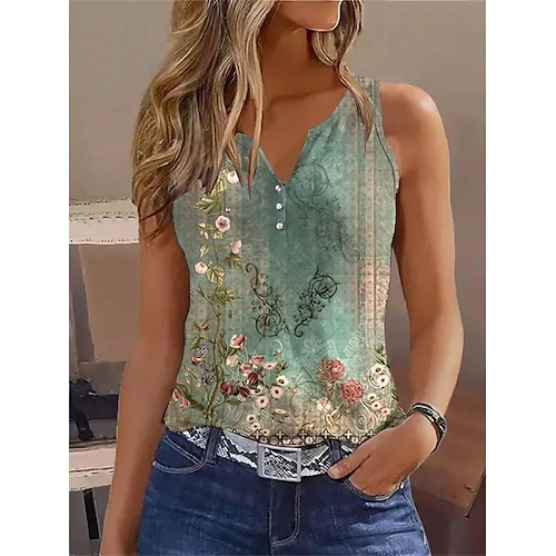 

Women's Tank Top Floral White Red Blue Button Print Short Sleeve Casual Holiday Basic V Neck Regular Fit