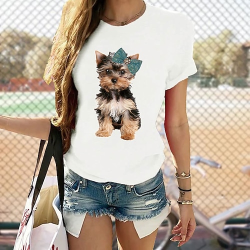 

T shirt Tee Femme Noir Blanche Rose Claire Graphic Chien Imprimer Manche Courte du quotidien Vacances basique Col Rond Normal 100% Coton Standard Peinture S