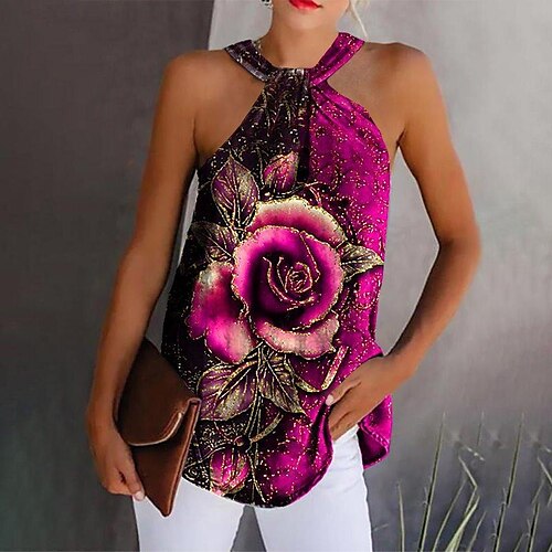 

Mujer Camiseta sin mangas Azul Piscina Morado Verde Trébol Floral Estampado Sin Mangas Casual Festivos Básico Cuello halter Regular Flor S