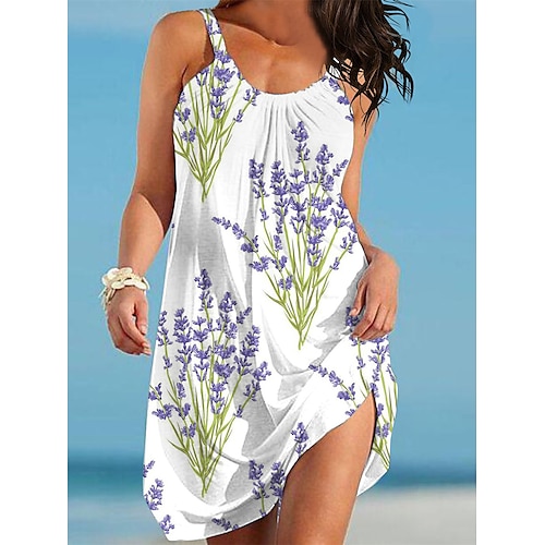 

Femme robe de plage Vêtements de plage Mini robe Imprimer basique Décontractées Feuille Bretelles Fines Sans Manches Standard du quotidien Vacances Blanche Rose Claire 2023 Eté Printemps S M L XL