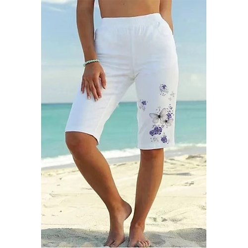 

Dame Shorts Hvid Mode Afslappet Weekend Knælængde Komfort Blomstret S M L XL XXL