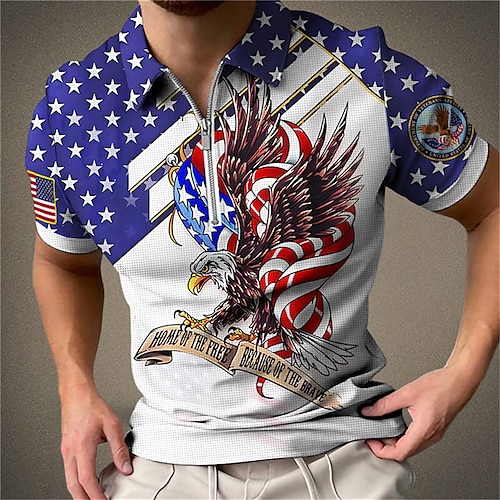 

Herre Zip Polo Vaffel poloshirt POLO Trøje Golftrøje Grafiske tryk Ørn Amerikansk flag Aftæpning Blå udendørs Gade Kort Ærme Lynlås Trykt mønster Tøj Mode Designer Afslappet Åndbart