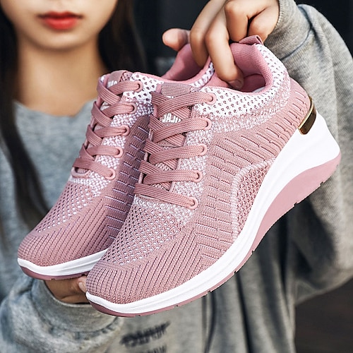 

Women's Sneakers Plus Size Height Increasing Shoes Flyknit Shoes Outdoor Daily Hidden Heel Round Toe Sporty Casual Minimalism Walking Shoes Tissage Volant Lace-up Color Block Black Pink Grey