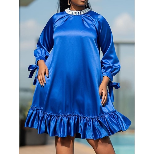 

Dame Plusstørrelser Hverdagskjole A Linje Kjole Helfarve Midikjole Langærmet Drapering Sløjfer Rund hals Mode udendørs Gul Blå Sommer Forår L XL XXL 3XL