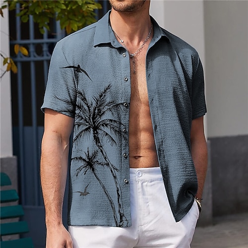 

Homens Camisa Social Camisa havaiana Coqueiro Estampas Abstratas Aberto para a Lateral Azul Cáqui Rua Casual Manga Curta Botão para baixo Imprimir Roupa Linho Moda Roupa de rua Designer Vintage