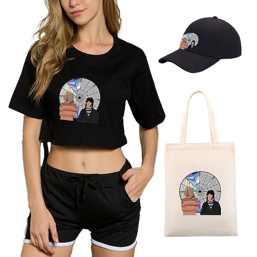 

4 deler onsdag addams trykte shorts crop top baseball caps lerret tote bags sett enid tee t-skjorte shorts co-ord sett for kvinners antrekk for voksne& matchende uformelle treningsidretter for