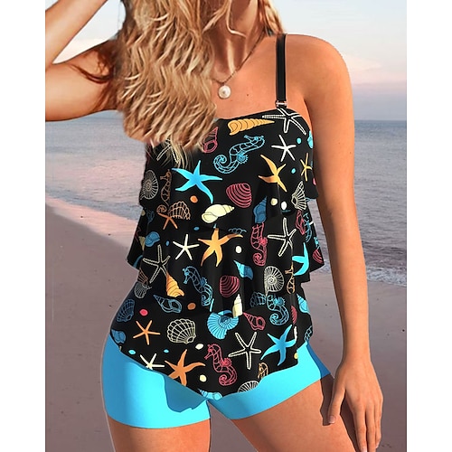 

Damen Badeanzug Tankini 2 Stück Normal Bademode 2 teilig Print Graphic Schwarz Blau Tank Top Stehkragen Badeanzüge Sport Strandbekleidung Sommer