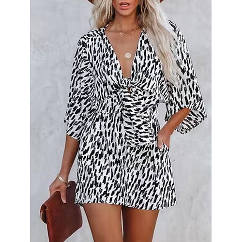 

Mulheres Macacão Cordões Imprimir Leopardo Decote em V Profundo Roupa de rua Rua Diário Normal Manga 3/4 Preto Branco S M L Verão