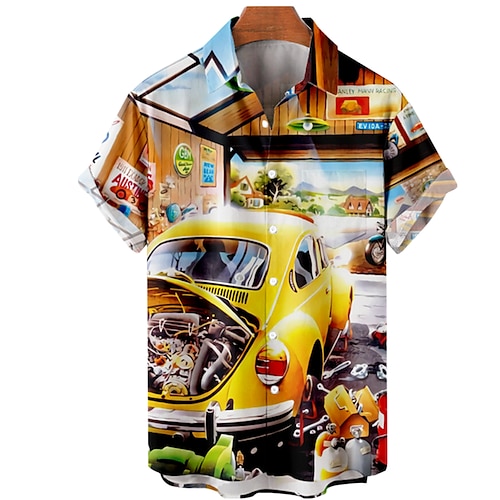 

Men's Shirt Car Graphic Prints Machine Turndown Yellow Outdoor Street Short Sleeves Print Clothing Apparel Fashion Designer Casual Soft