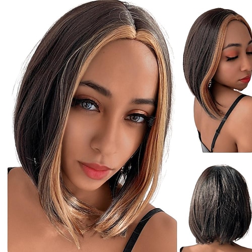 

highlight farget t del blonder bob parykk ferdig plukket peruansk remy rett menneskehår parykker for kvinner ombre kort bob parykk