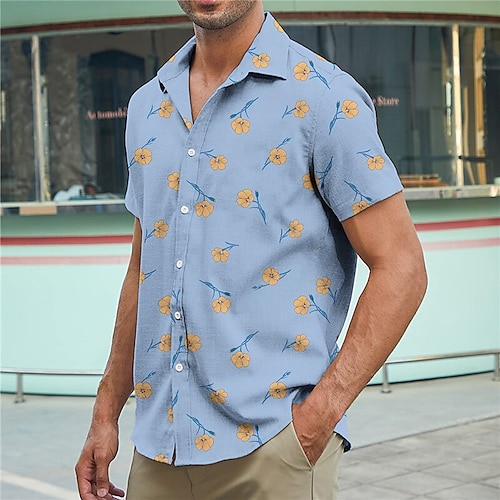 

Homens Camisa Social Floral Estampas Abstratas Aberto para a Lateral Azul Cáqui Rua Casual Manga Curta Botão para baixo Imprimir Roupa Linho Moda Roupa de rua Designer Macia