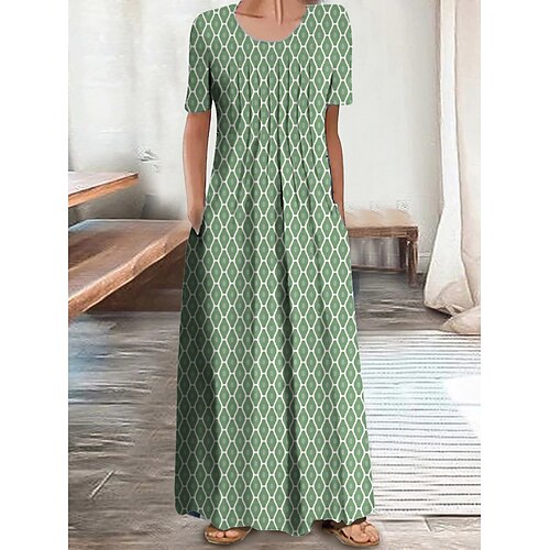 

Dame Lang kjole Maxikjole Hverdagskjole Sommerkjole A Linje Kjole Geometrisk Romantik Moderne Ferie Strand Weekend Krøllede Folder Lomme Kortærmet Rund hals Kjole Regulær Grøn Sommer Forår S M L XL