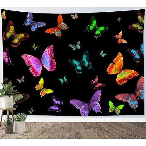 

papillon coloré tapisserie tenture trippy vintage insectes papillons sur fond noir tapisserie murale fantaisie hippie tapisserie pour adolescent chambre salon dortoir décor à la maison