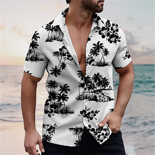 

Hombre Camisa camisa hawaiana Árbol de coco Estampados Cuello Vuelto Negro Blanco Calle Casual Mangas cortas Abotonar Estampado Ropa Tropical Moda Ropa de calle Hawaiano