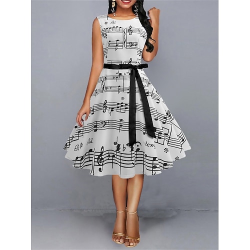 

Per donna Retrò Stile anni '50 Abito vintage Vestito longuette Esterno Giornaliero Con fiocco Stampa Note Girocollo Senza maniche Standard Estate Primavera 2023 Bianco S M L XL