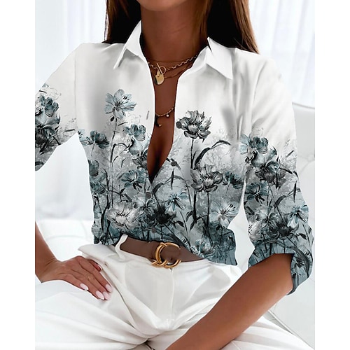 

Chemise Chemisier Femme Blanche Floral Bouton Imprimer manche longue Casual Vacances basique Col de Chemise Normal Standard Fleur S