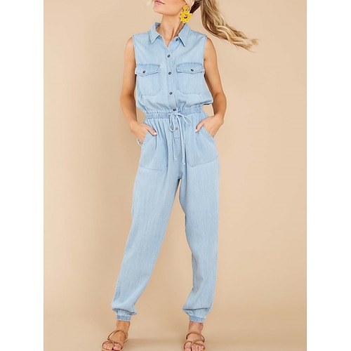 

Damen Jumpsuit Tasche Kordelzug Feste Farbe Hemdkragen Urlaub Brautkleider schlicht Strasse Täglich Regular Fit Ärmellos Blau S M L XL Sommer