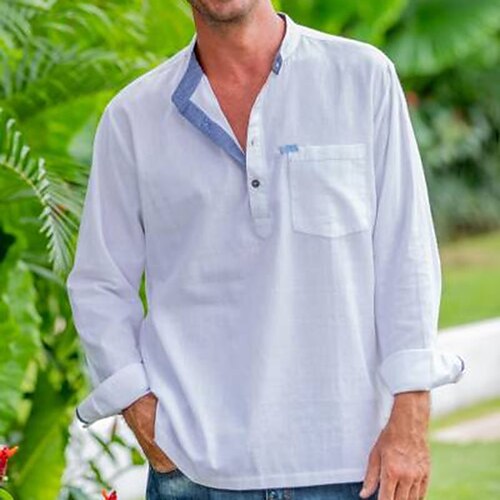 

Per uomo Camicia Camicia con bottoni Maglietta informale Bianco Manica lunga Liscio Girocollo Strada Da mare Tasche Abbigliamento Di tendenza Comodo Hawaiano