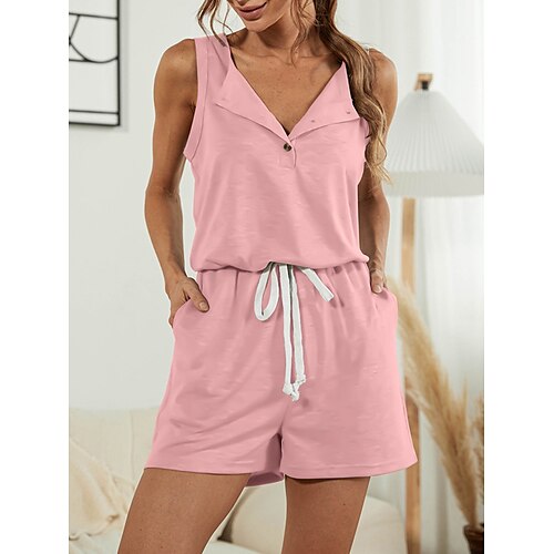 

Women's Romper Lace up Button Solid Color Crew Neck Streetwear Street Daily Regular Fit Sleeveless Black Pink Blue S M L Summer