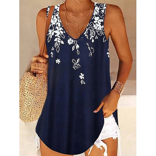 

Women's Tank Top Pink Navy Blue Blue Floral Print Sleeveless Casual Holiday Basic V Neck Regular Floral S