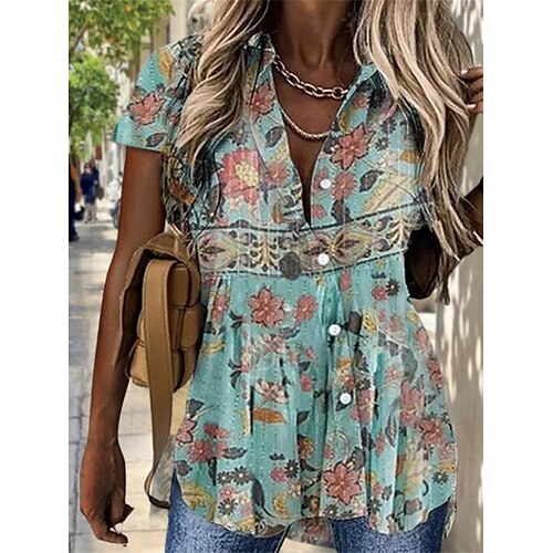 

Women's Shirt Blouse Yellow Blue Green Floral Button Print Short Sleeve Casual Holiday Basic Shirt Collar Regular Floral S