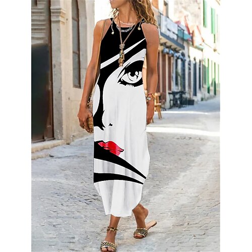

Per donna Abito lungo Abito lungo Abito casual Abito estivo Abito sottoveste Astratto Ritratto Di tendenza Streetwear Esterno Giornaliero Da mare Tasche Spacco Senza maniche Con bretelline Vestito